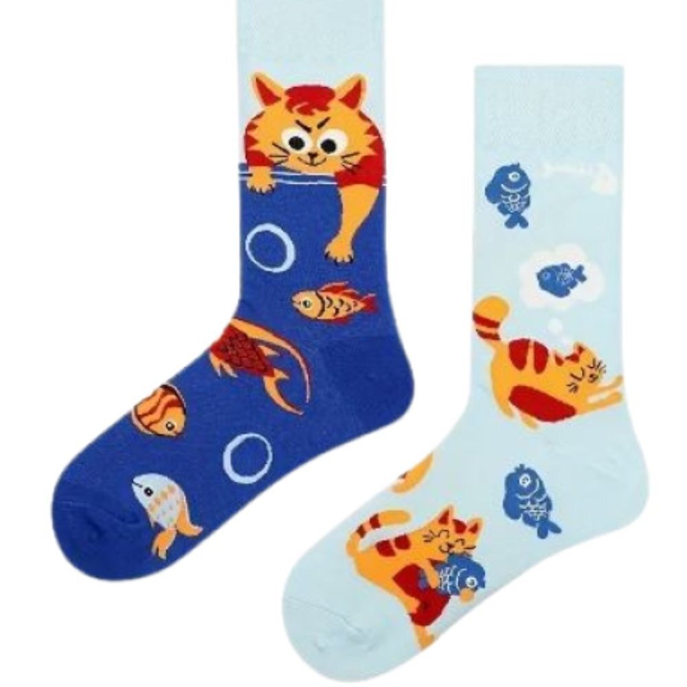 Cute Cat Fishing Crew Socks Orange Kitty Fishbowl Blue Unisex Novelty Mismatched